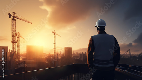 Back view of construction engineer looking at the building in the construction site with sunset