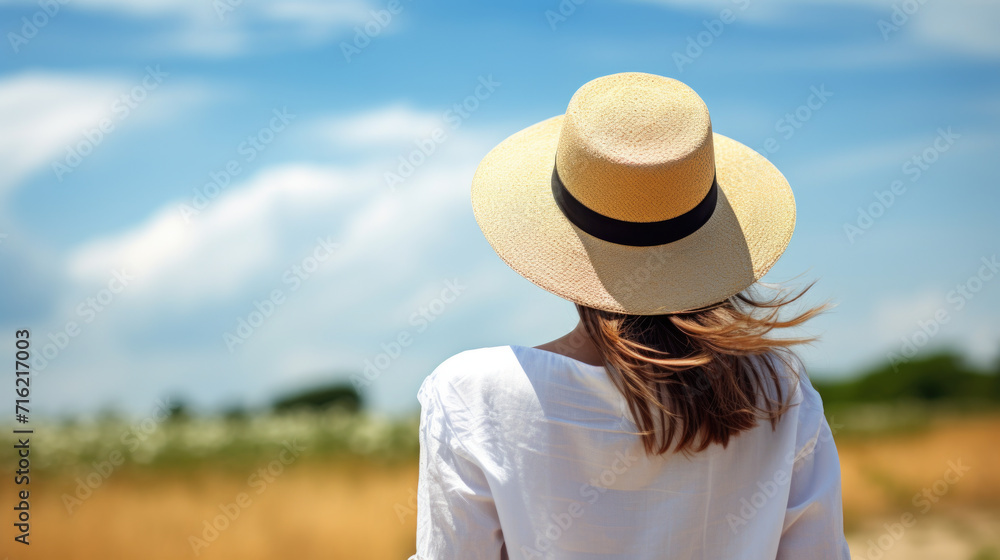 Woman standing in field wearing hat. Suitable for outdoor and nature-themed projects