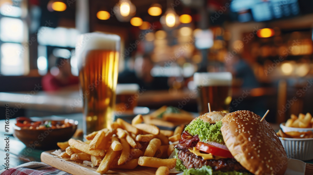 Delicious burger and fries served on cutting board, accompanied by refreshing glass of beer. Perfect for food and beverage concepts