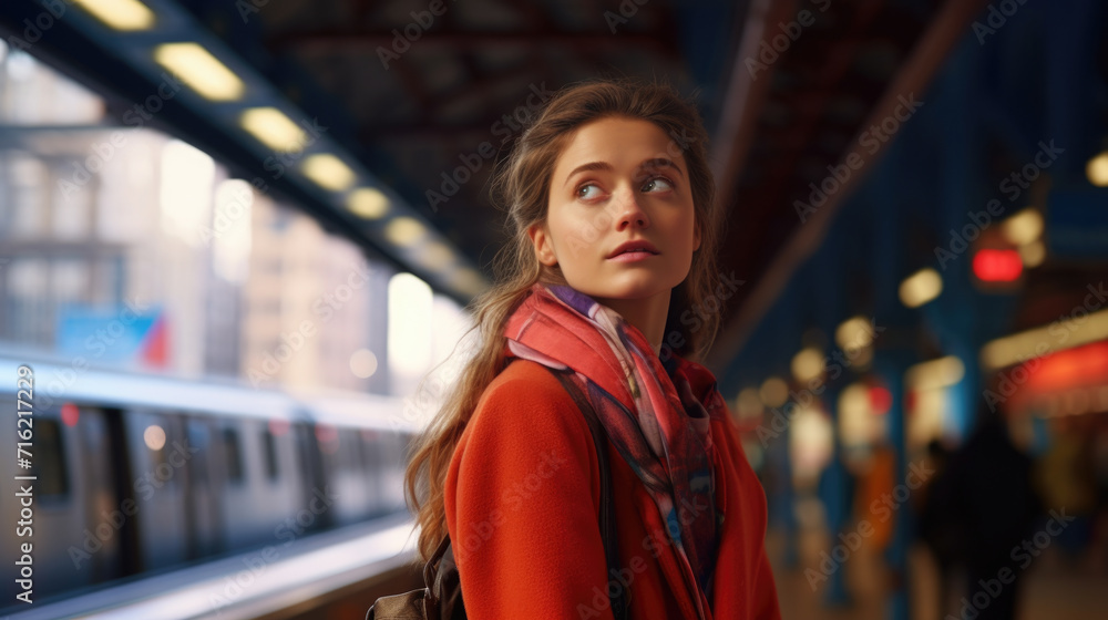 Woman standing in front of train at train station. Perfect for transportation-themed projects or illustrating hustle and bustle of travel Woman standing in front of train at train station. Perfect for transportation-themed projects or illustrating hustle and bustle of travel