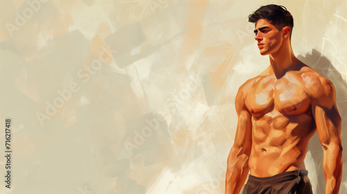 Muscular male physics, body builder background, space for writing messages, greeting card, desktop wallpaper