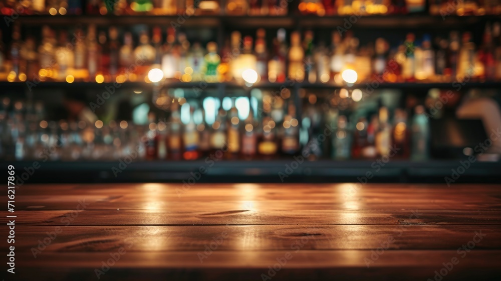 Wooden bar counter on a blurred background of bottles. Advertising space - obrazy, fototapety, plakaty 