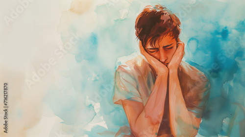 Watercolor illustration of a sad person, male, female, guy, lady, gender neutral, sadness, empty space to write message, greeting card