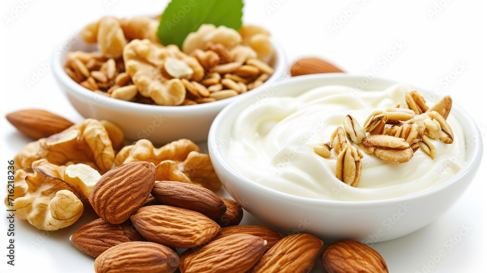 Bowl of yogurt next to bowl of nuts. Perfect for healthy snack or breakfast option Bowl of yogurt next to bowl of nuts. Perfect for healthy snack or breakfast option