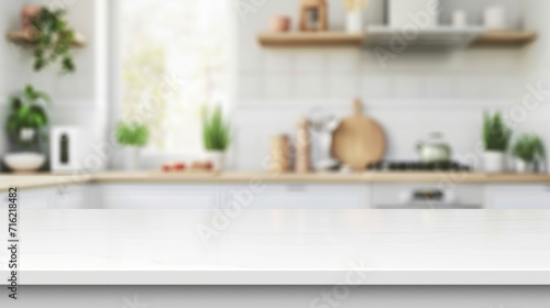 countertop with blurred home kitchen background in white © Дмитрий Баронин