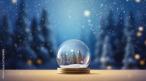 Snow globe resting on sturdy wooden table. Perfect for winter-themed designs and holiday decorations © vefimov