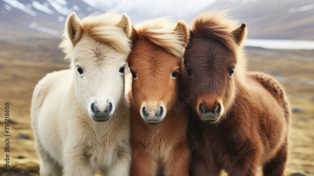 Three small horses standing together in field. Ideal for nature and animal-related projects Three small horses standing together in field. Ideal for nature and animal-related projects