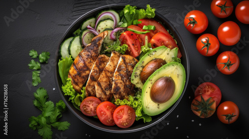 Healthy and delicious bowl filled with chicken, avocado, tomatoes, and lettuce. Perfect for nutritious meal. Ideal for food blogs, recipe websites, and healthy lifestyle articles