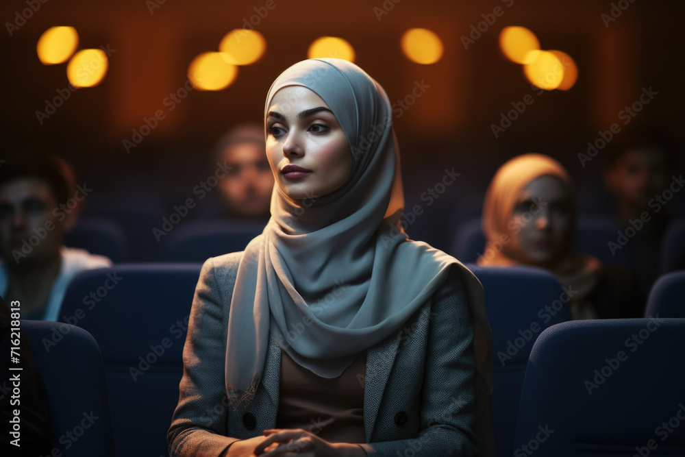 Woman wearing hijab sitting in theater. This image can be used to represent diversity and inclusion in entertainment industry Woman wearing hijab sitting in theater. This image can be used to represent diversity and inclusion in entertainment industry