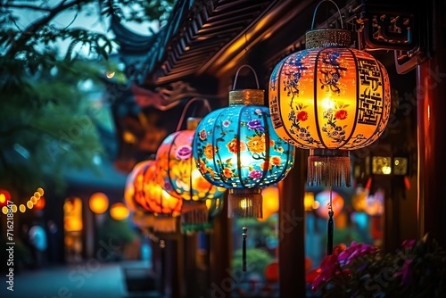 A Tapestry of Tradition Colorful Illuminated Lanterns Adorn a Wooden Structure, Creating a Warm and Inviting Atmosphere in a Serene Outdoor Setting During the Evening Hours © photobuay