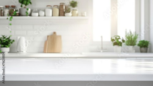 countertop with blurred home kitchen background in white