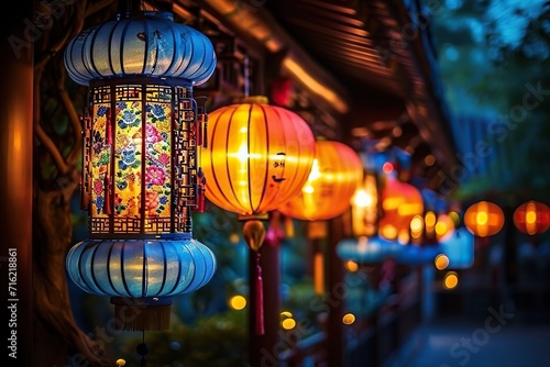 A Tapestry of Tradition Colorful Illuminated Lanterns Adorn a Wooden Structure, Creating a Warm and Inviting Atmosphere in a Serene Outdoor Setting During the Evening Hours