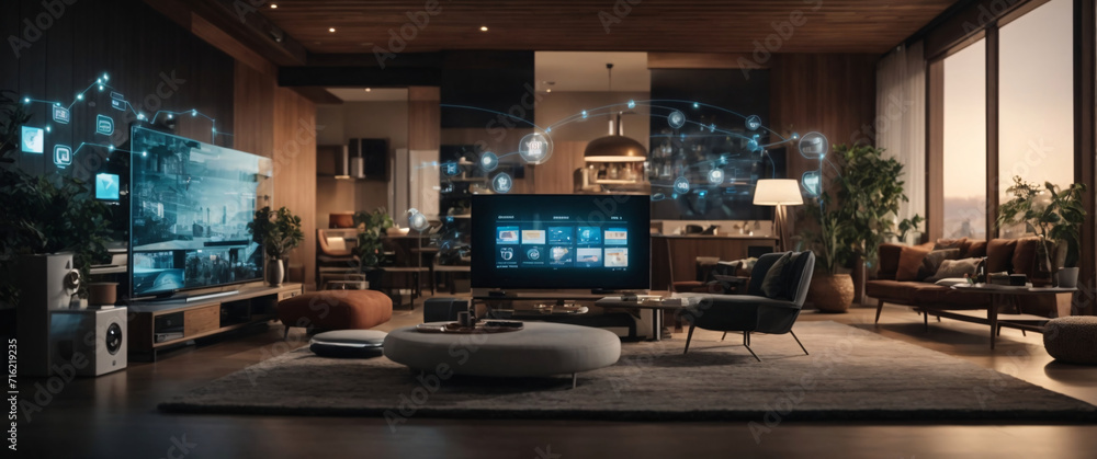 illustrate the concept of the Internet of Things with an image of a smart home, featuring various connected devices and appliances illustrate the concept of the Internet of Things with an image of a smart home, featuring various connected devices and appliances