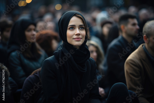 Woman wearing black hijab seated in front of large gathering. This image can be used to represent diversity, inclusivity, or multicultural event
