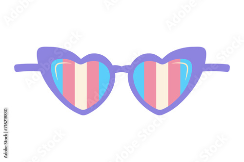 Heart shaped sunglasses with pink, blue, white striped lens. Pride LGBT, transgender visibility eyeglasses. Flat vector illustration.