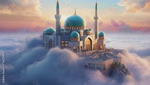 mosque above the clouds. seamless looping time-lapse animation video background photo