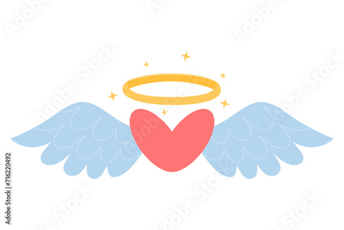 Heart with wings and a halo over it. Valentine's day or wedding concept. Cartoon flat vector illustration.