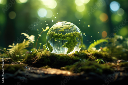 Glass globe sits on top of lush moss covered ground. This image can be used to represent nature, exploration, or environmental themes