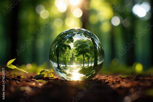 Glass ball sitting in middle of forest. Perfect for nature and fantasy-themed designs