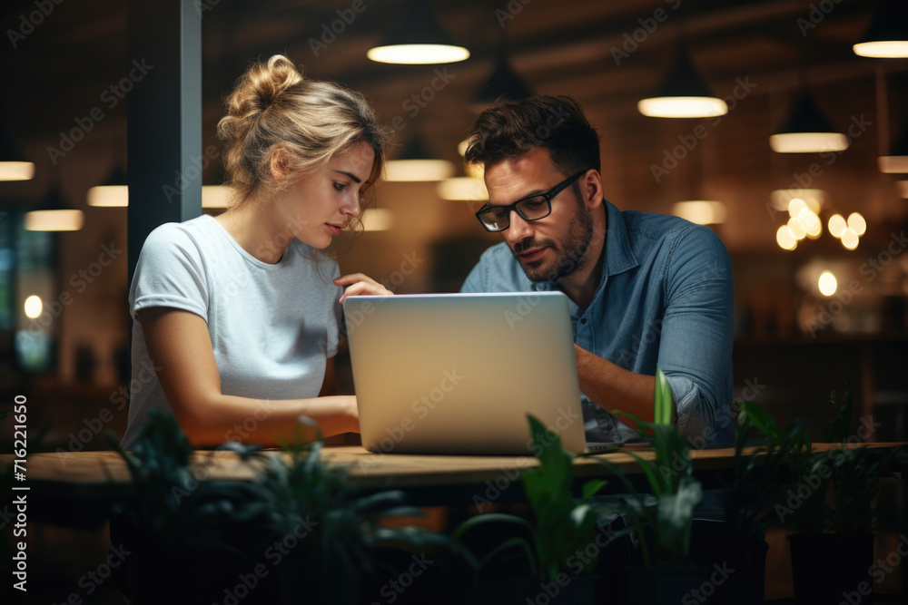Man and woman are focused on laptop screen. Suitable for business, technology, or education concepts Man and woman are focused on laptop screen. Suitable for business, technology, or education concepts
