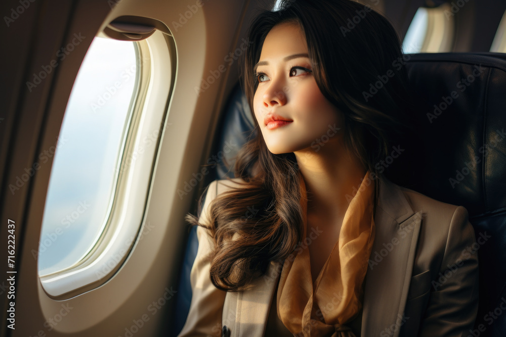 Woman sitting in airplane and looking out window. Suitable for travel and transportation themes Woman sitting in airplane and looking out window. Suitable for travel and transportation themes