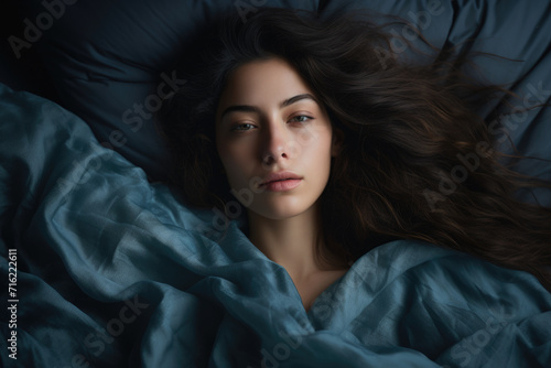 Woman laying in bed with blue blanket. Ideal for sleep-related articles or bedroom decor advertisements