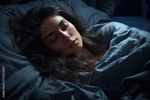 Woman laying in bed with her eyes closed. This image can be used to represent relaxation, sleep, or tranquility