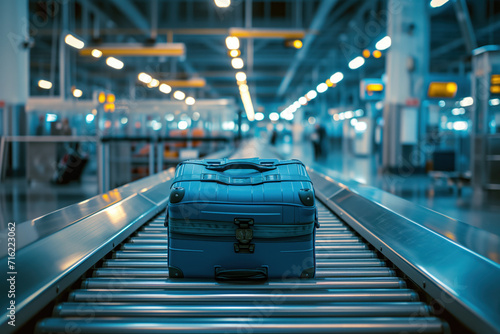 Suitcases are moving along an automated conveyor belt for inspection at airport. AI Generation photo
