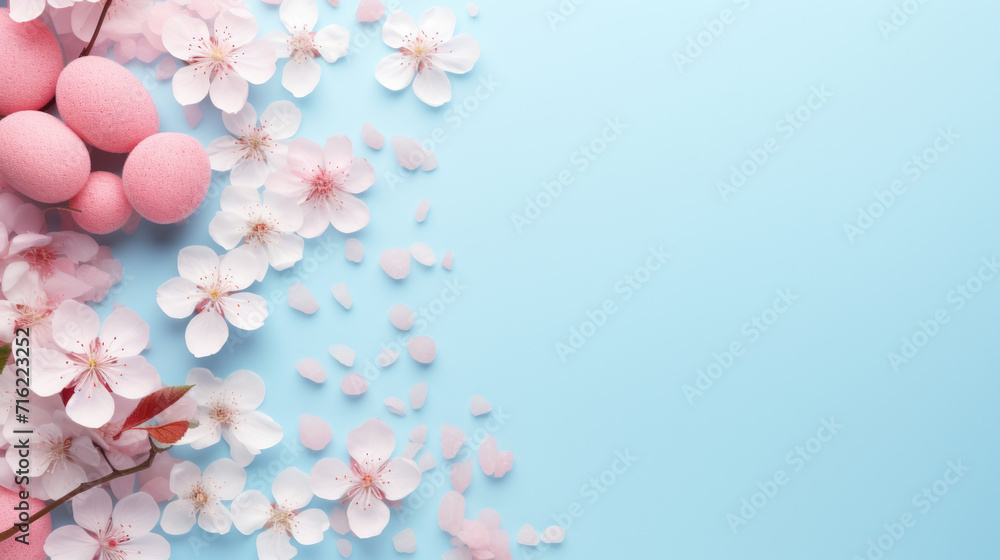 Blue background with pink and white flowers and eggs. Perfect for Easter or spring-themed designs