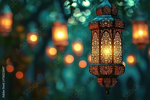 Enchanting Night Illuminated Ornate Lantern Amidst Lush Greenery, Casting a Warm Glow in the Mystical, Serene Evening Atmosphere