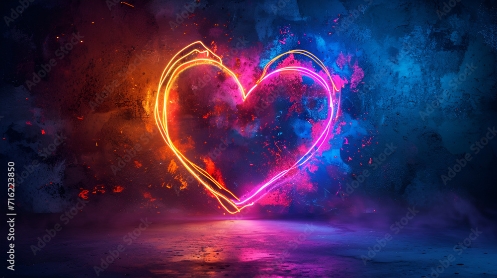 Multicolor neon light heart on a dark background, generative ai