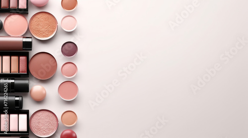 Assorted makeup neat products arranged on white surface. Suitable for beauty and cosmetics-related projects