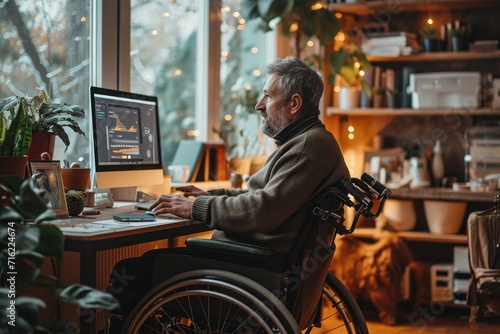 A wheelchair-using middle-aged guy works from his home office. Generative Ai.