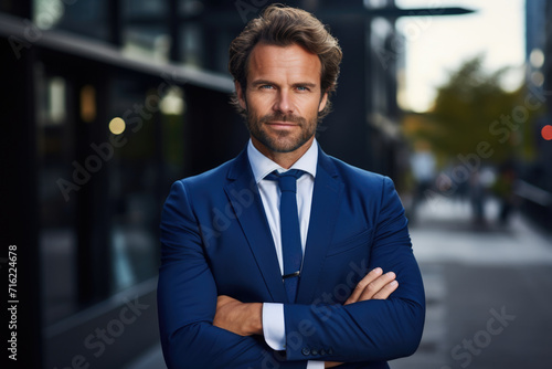 Professional man dressed in suit and tie standing on bustling city street. Suitable for business, urban, and professional concepts