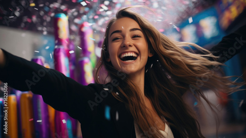 Woman joyfully celebrates with her arms outstretched in air as colorful confetti falls around her