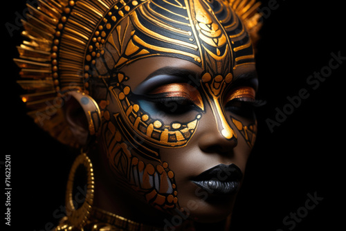 Close-up shot of woman's face with stunning gold and black makeup. Perfect for beauty and fashion-related projects