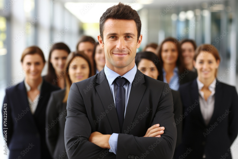 Professional man in suit standing confidently in front of group of business people. This image can be used to depict leadership, teamwork, or business meetings Professional man in suit standing confidently in front of group of business people. This image can be used to depict leadership, teamwork, or business meetings