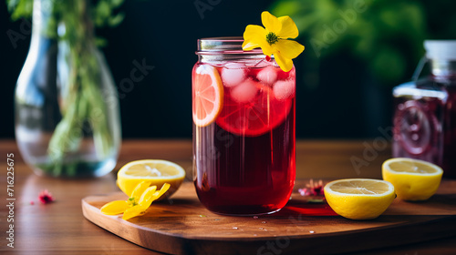 hibiscus iced tea cooler chilled hibiscus tea sweetest refreshing drink on wooden table with lime