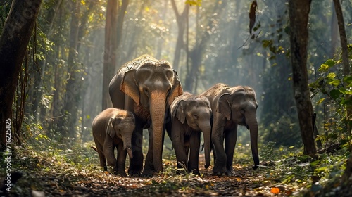 elephant family walking together in the forest, Misty Weather