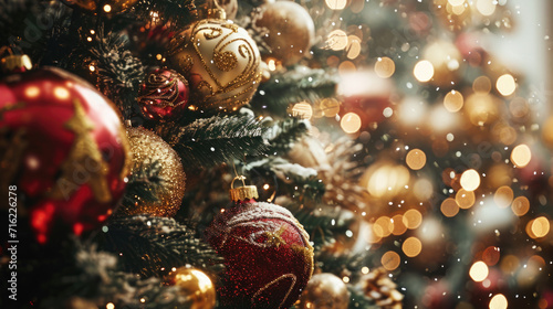 Detailed view of Christmas tree adorned with festive ornaments. Perfect for holiday-themed designs and decorations