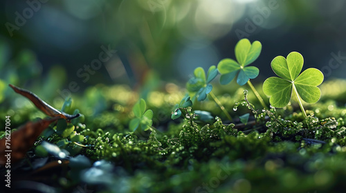 Group of Four Leaf Clovers on Moss Bed