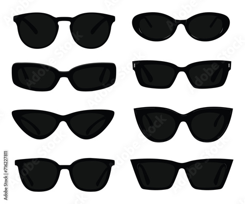 Sunglasses technical fashion illustration. sunglasses vector template. silhouette, front view, unisex, black color, CAD mockup set.