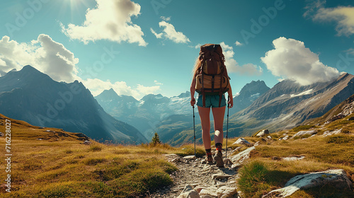 Woman hiking or trekking with backpack. Sunny day in mountains