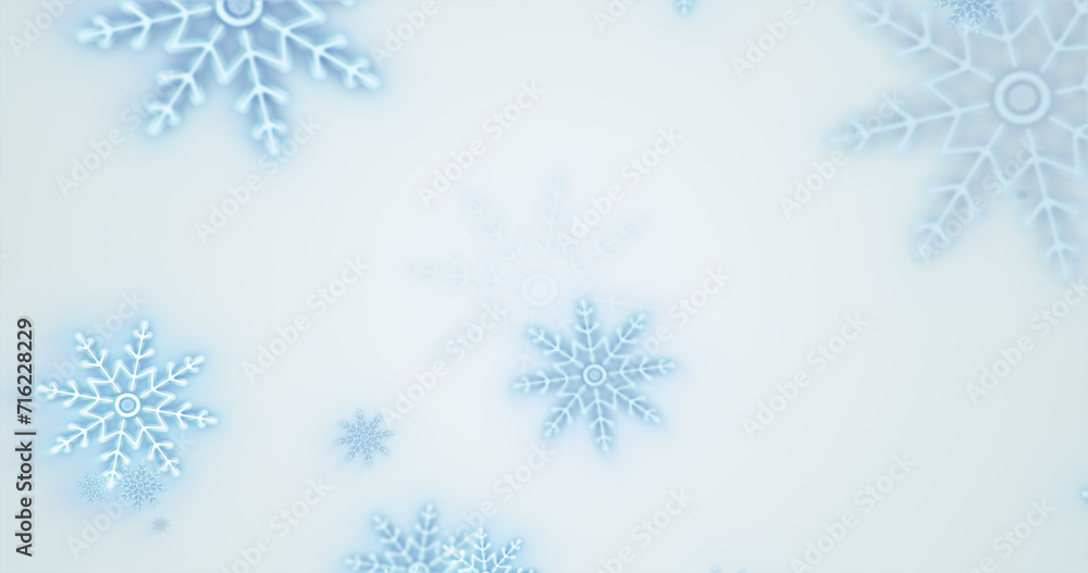 Christmas festive bright New Year background of blue glowing winter beautiful falling flying snowflakes patterns on white background