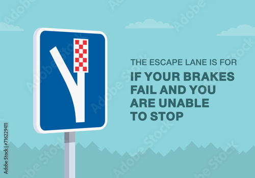 Safe driving tips and traffic regulation rules. Close-up of european escape lane sign. If your brakes fail and you are unable to stop, use the escape lane. Flat vector illustration template.