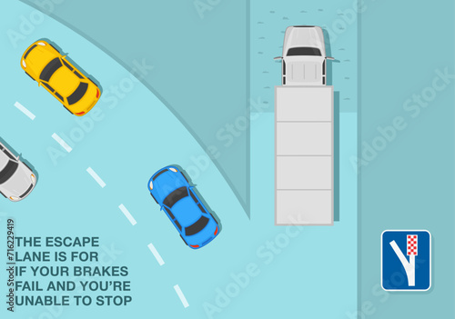 Safe car driving and traffic regulation rules. Top view of a traffic flow on road with escape lane. Flat vector illustration template.