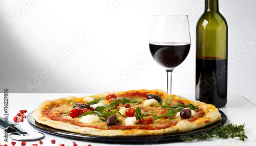 Love at First Bite: Capturing Romance in Pizza Artistry during Pizza Day or Valentine with glass of red wine
