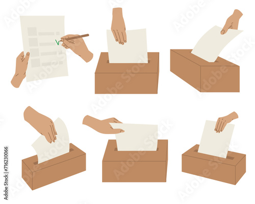 A hand puts a ballot into a ballot box. Political democratic elections, referendum. Presidential candidates. Vector illustration isolated on transparent background.