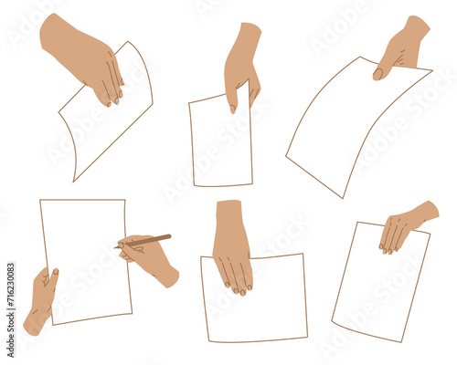 A hand holds a sheet of paper from different angles. Political democratic elections, referendum. Social survey or voting. Vector illustration isolated on transparent background.