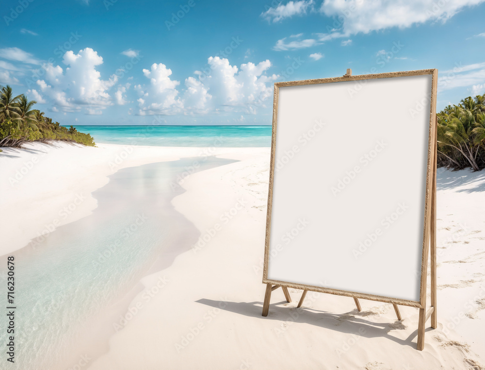 A blank canvas board standing on the white sand beach A blank canvas board standing on the white sand beach